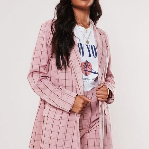 Petite Pink Co Ord Check Oversized Blazer and Trousers Set 💕 D24 - Picture 3 of 9